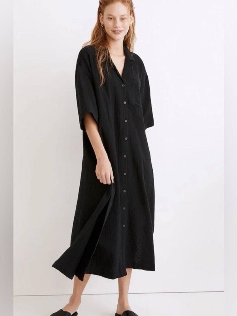 Madewell 100% Cotton Gauze Cover Up Lightest spun Black Maxi Shirtdress Size XS